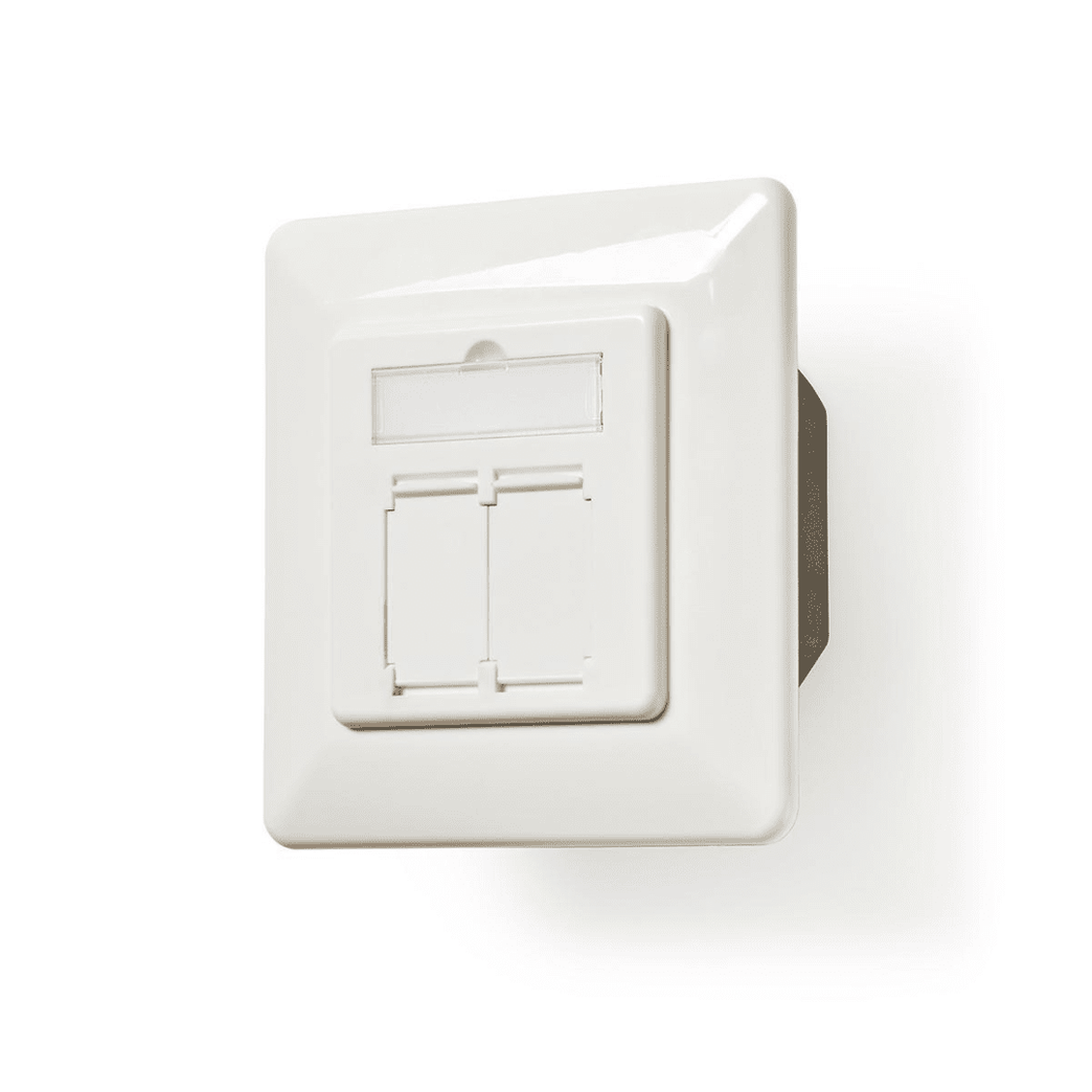 Netwerk Wanddoos Inbouw 2 poort en CAT6a Recht Female Goud Verguld PVC Wit Polybag