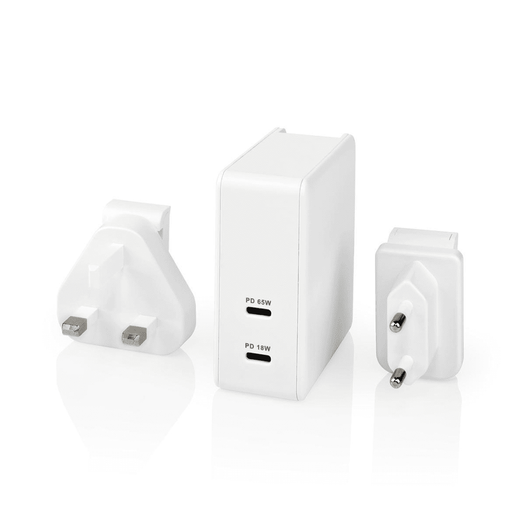 Oplader Snellaad functie PD3.0 18W / PD3.0 27W / PD3.0 36W / PD3.0 45W / PD3.0 65W 1,5 A / 2 A / 3,0 A / 3,25 A A Outputs: 2 2x USB-C 65 W Automatische Voltage Selectie