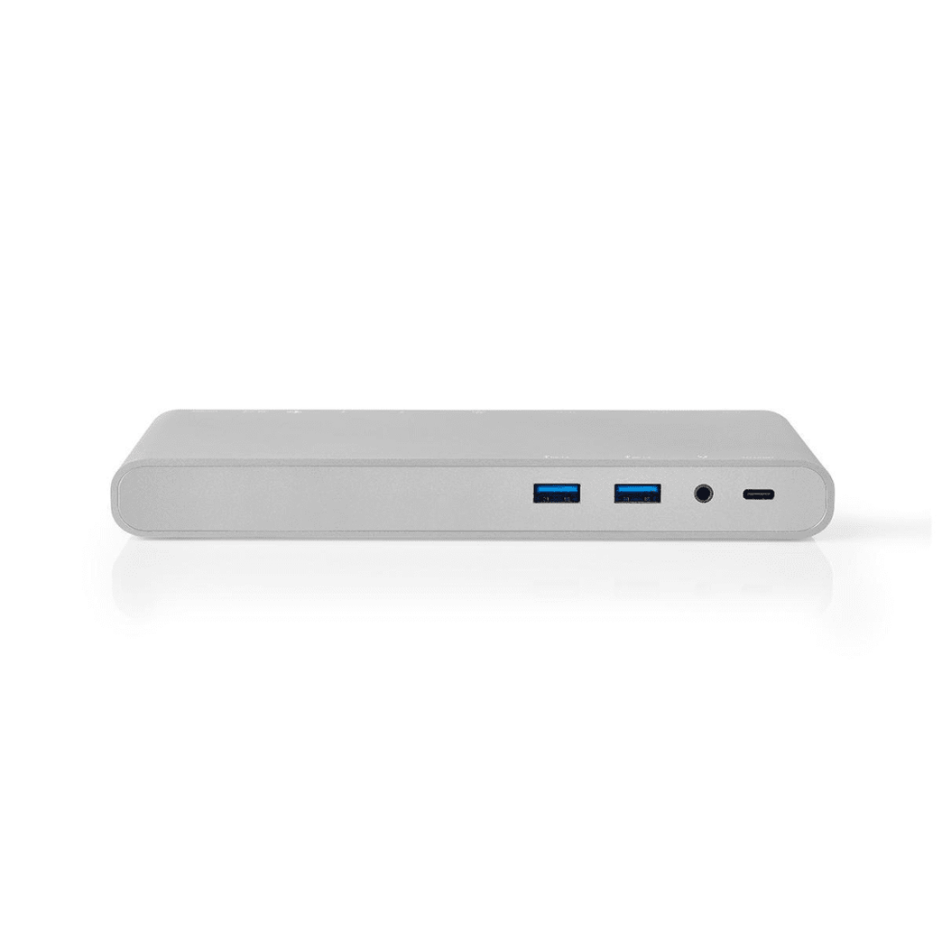 USB Docking Station USB 3.2 Gen 1 USB-C Male DisplayPort Female / HDMI Female / RJ45 Female / VGA Female 15p / 2x 3,5 mm Female / 2x USB-C / 4x USB-A 0.20 m Rond Vernikkeld Gevlochten / Nylon Wit Window Box met Euro Lock
