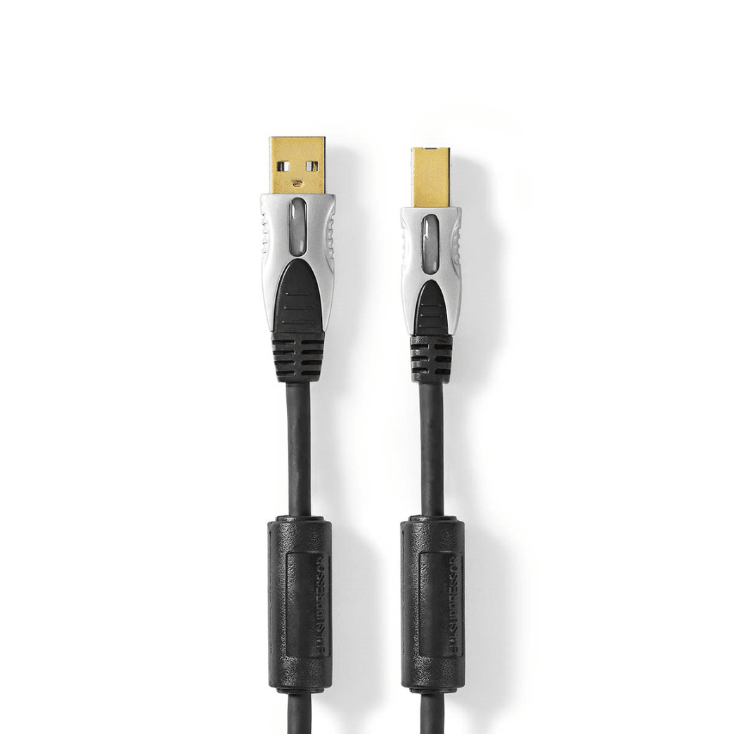 USB-Kabel USB 2.0 USB-A Male USB-B Male 2.5 W 480 Mbps Verguld 5.00 m Rond PVC Antraciet Doos