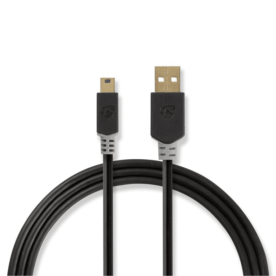 USB-Kabel USB 2.0 USB-A Male USB Mini-B 5-Pins Male 480 Mbps Verguld 2.00 m Rond PVC Antraciet Polybag