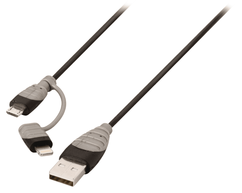 2-in-1 Data en Oplaadkabel USB A Male - Micro-B Male 1.00 m Zwart + Lightning-Adapter