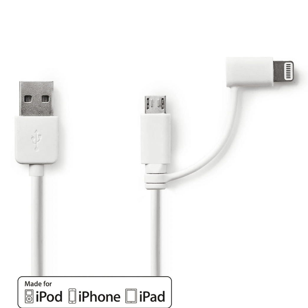 2-in-1-Kabel USB 2.0 USB-A Male Apple Lightning 8-Pins / USB Micro-B Male 480 Mbps 1.00 m Vernikkeld Rond PVC Wit Polybag