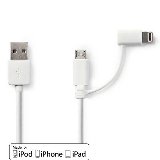 2-in-1-Kabel USB 2.0 USB-A Male Apple Lightning 8-Pins / USB Micro-B Male 480 Mbps 1.00 m Vernikkeld Rond PVC Wit Polybag