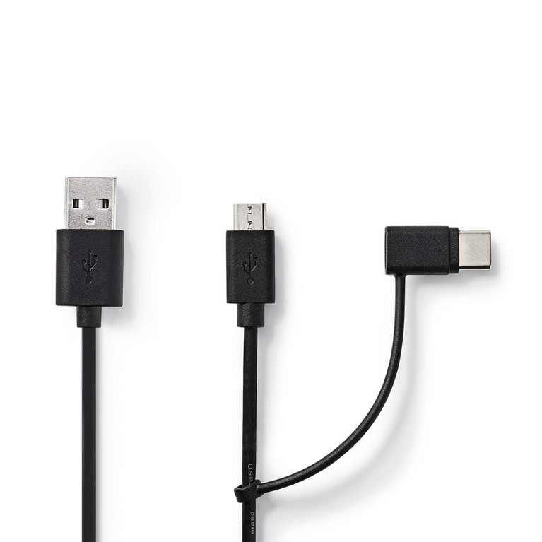 2-in-1-Kabel USB 2.0 USB-A Male USB Micro-B Male / USB-C Male 480 Mbps 1.00 m Vernikkeld Rond PVC Zwart Envelop