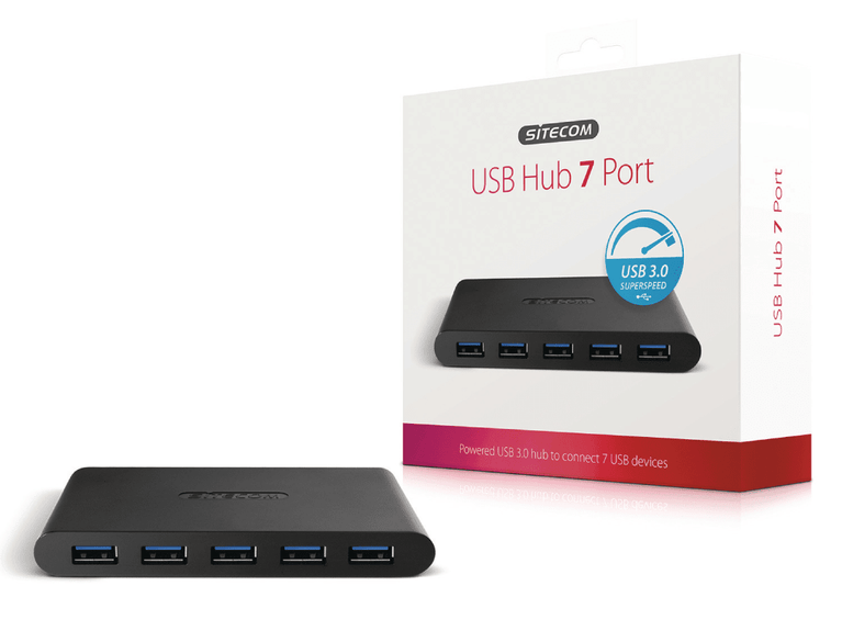 7 Poorten Hub USB 3.0 Gevoed Zwart