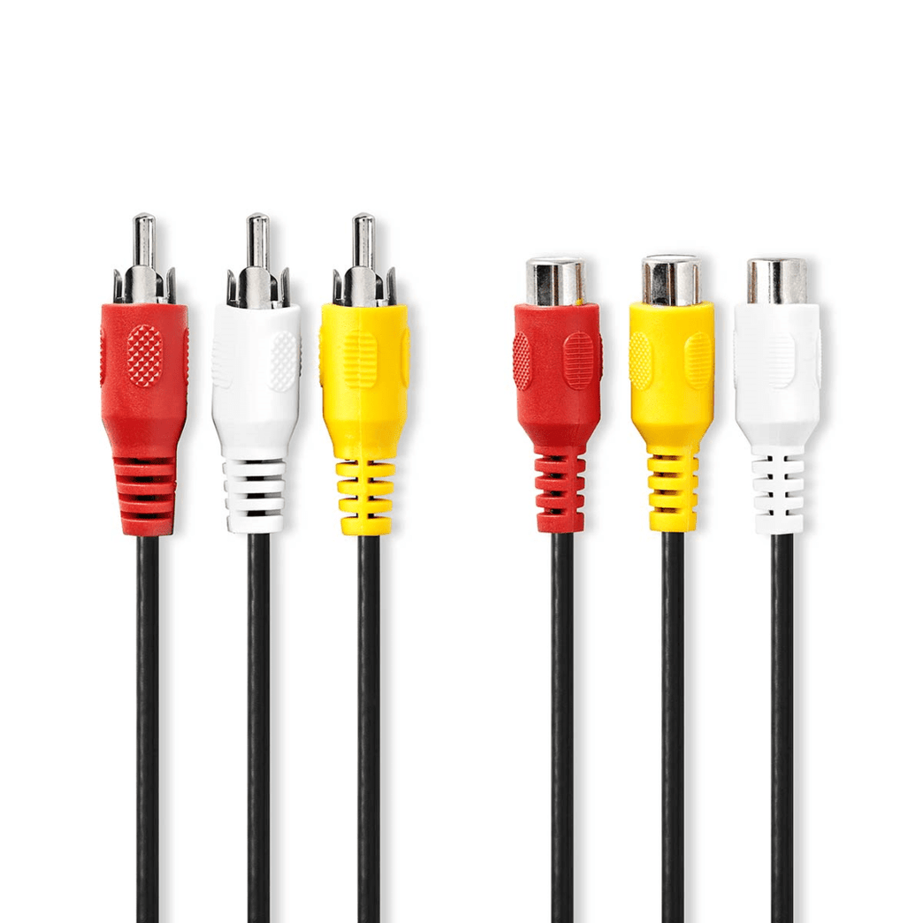 Composiet Videokabel 3x RCA Male 3x RCA Female Vernikkeld 480p 5.00 m Rond PVC Zwart Envelop