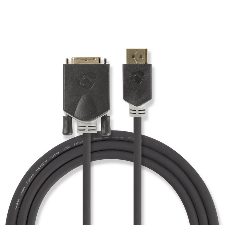 DisplayPort-Kabel DisplayPort Male DVI-D 24+1-Pins Male 1080p Verguld 2.00 m Rond PVC Antraciet Polybag