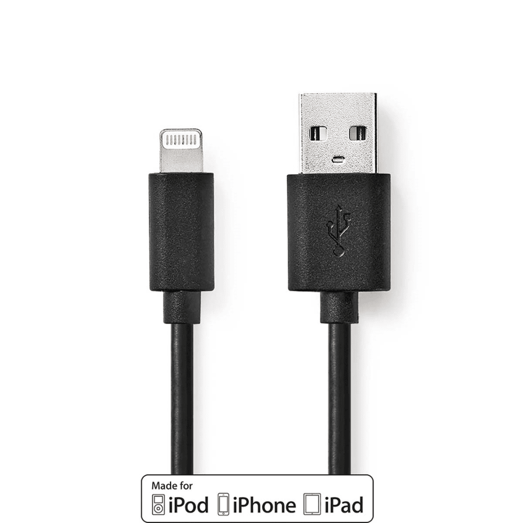Lightning Kabel USB 2.0 Apple Lightning 8-Pins USB-A Male 480 Mbps Vernikkeld 1.00 m Rond PVC Zwart Polybag