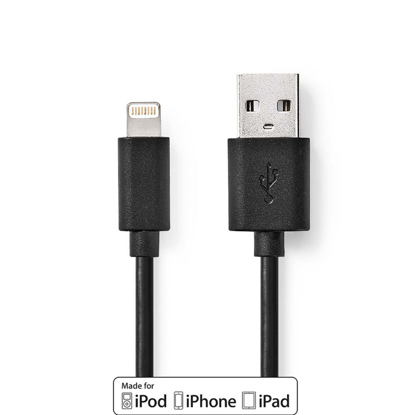 Lightning Kabel USB 2.0 Apple Lightning 8-Pins USB-A Male 480 Mbps Vernikkeld 2.00 m Rond PVC Zwart Doos