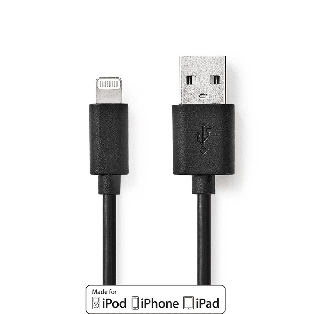 Lightning Kabel USB 2.0 Apple Lightning 8-Pins USB-A Male 480 Mbps Vernikkeld 2.00 m Rond PVC Zwart Polybag