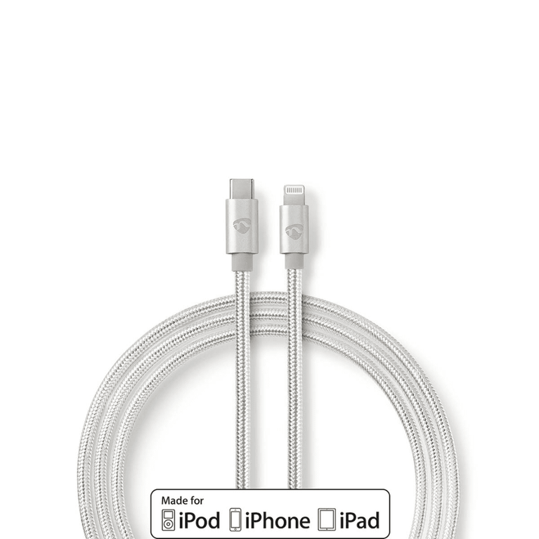 Lightning Kabel USB 2.0 Apple Lightning 8-Pins USB-C Male 480 Mbps Verguld 1.00 m Rond Gevlochten / Nylon Aluminium / Zilver Cover Window Box