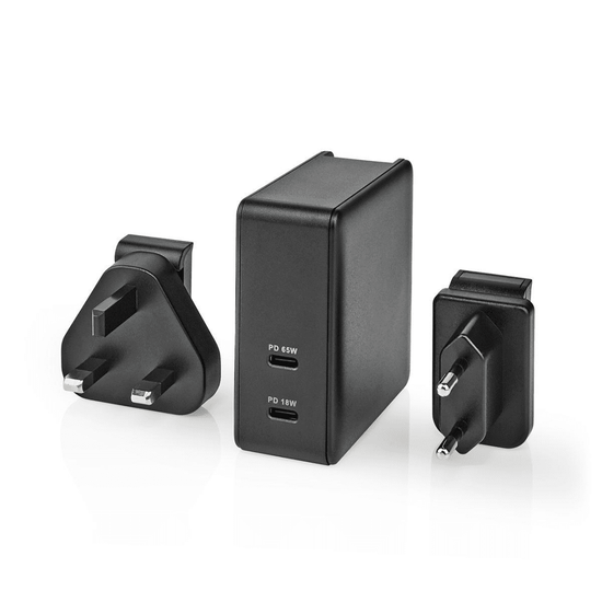 Oplader Snellaad functie PD3.0 18W / PD3.0 27W / PD3.0 36W / PD3.0 45W / PD3.0 65W 1,5 A / 2 A / 3,0 A / 3,25 A A Outputs: 2 2x USB-C 65 W Automatische Voltage Selectie