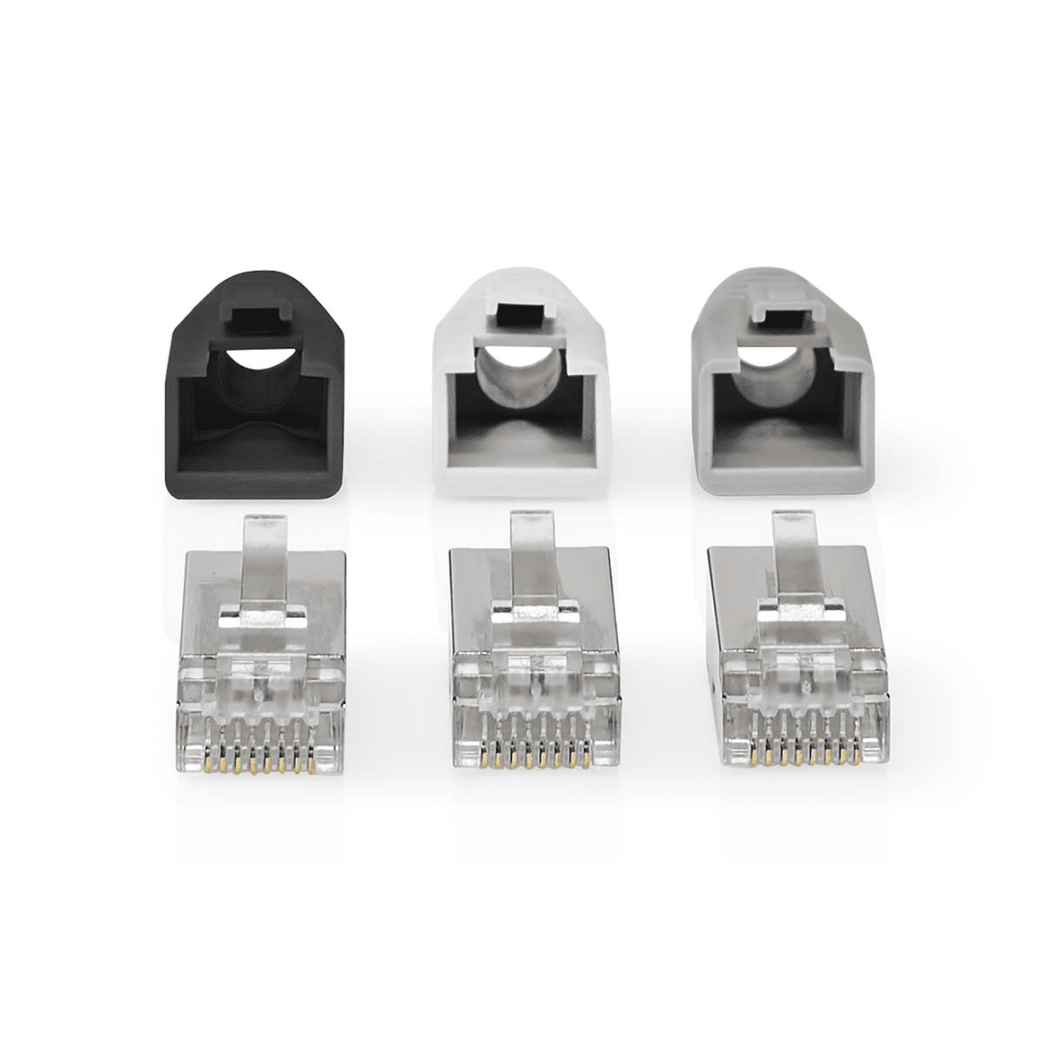 RJ45-Connector RJ45 Pass Through Stevig/Gesnoerd FTP CAT6 Recht Verguld 10 Stuks PVC Grijs / Wit / Zwart Doos