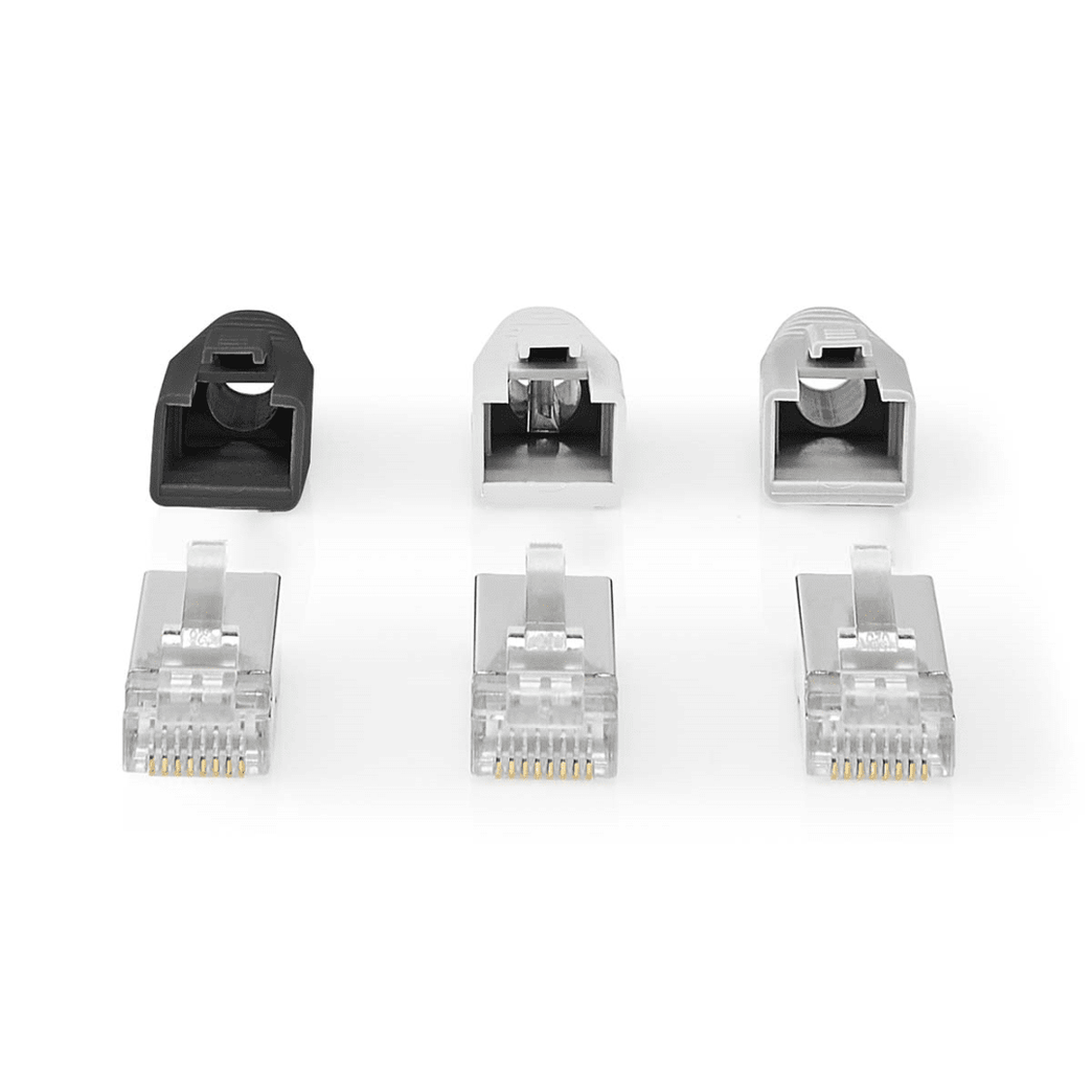 RJ45-Connector RJ45 Pass Through Stevig/Gesnoerd FTP CAT6a Recht Verguld 10 Stuks PVC Grijs / Wit / Zwart Doos