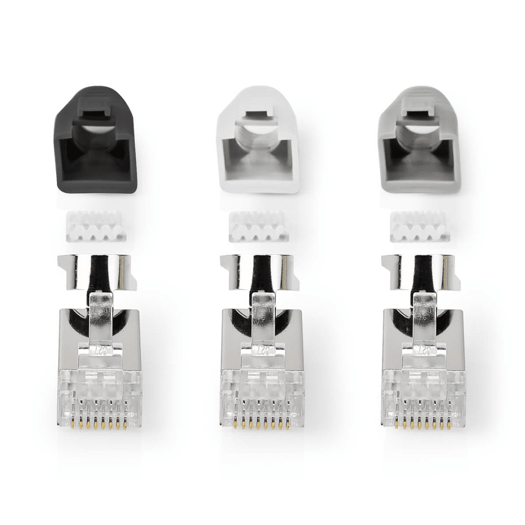 RJ45-Connector RJ45 Pass Through Stevig/Gesnoerd FTP CAT7 Recht Verguld 10 Stuks PVC Grijs / Wit / Zwart Doos