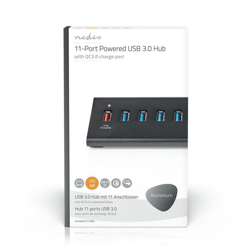 USB-Hub 11-Poorts QC3.0 / USB 3.2 Gen1 Netvoeding / USB Gevoed 5 Gbps 11x USB