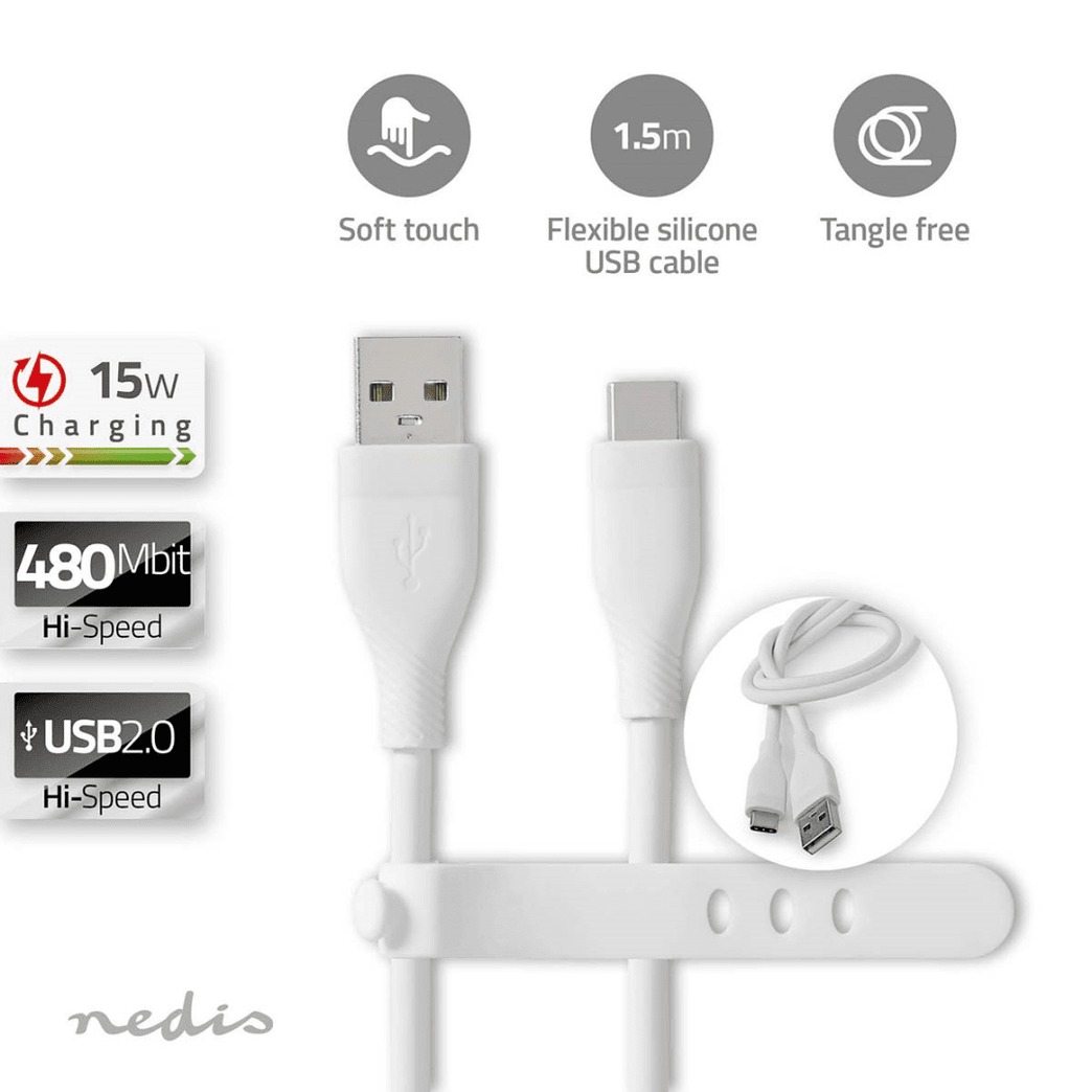 USB-Kabel USB 2.0 USB-A Male USB-C Male 15 W 480 Mbps Vernikkeld 1.50 m Rond Silicone Wit Doos
