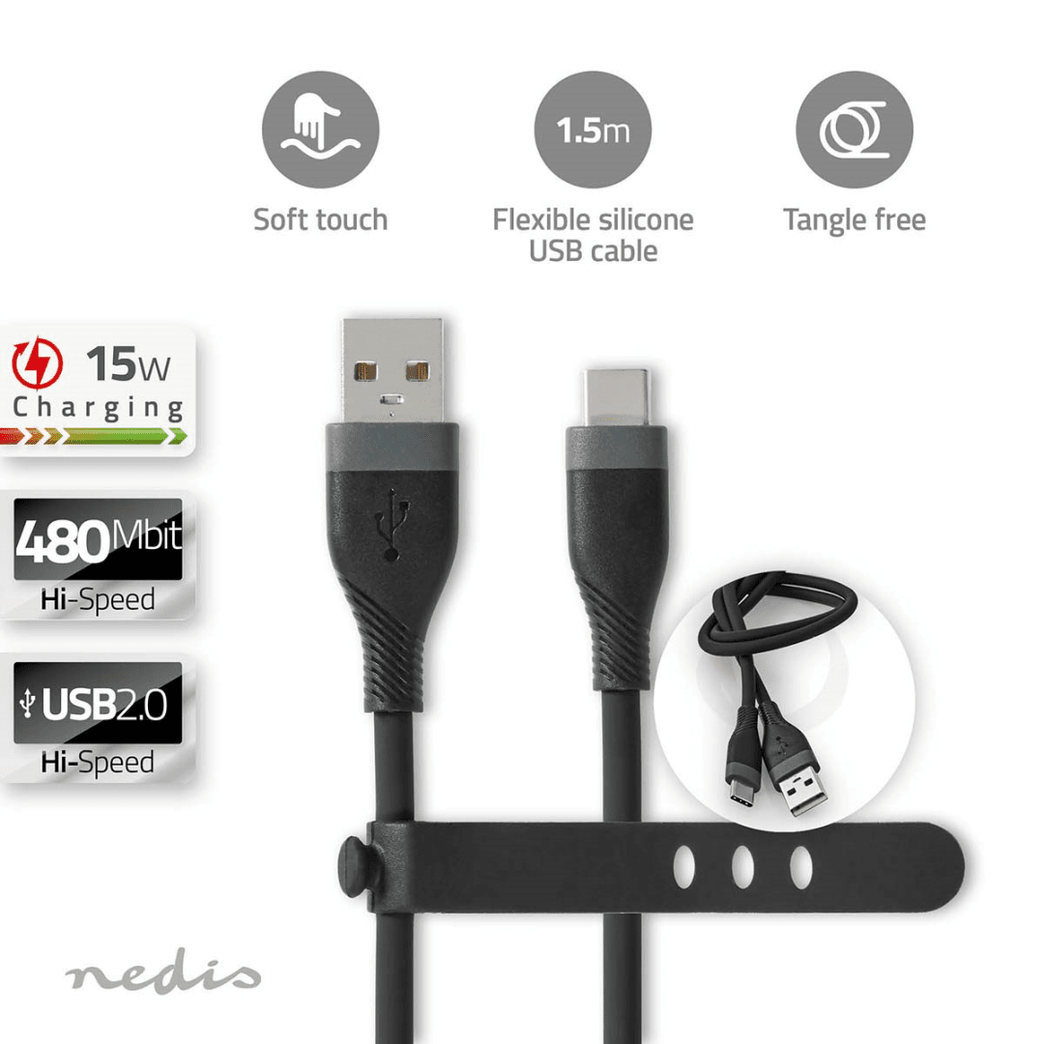 USB-Kabel USB 2.0 USB-A Male USB-C Male 15 W 480 Mbps Vernikkeld 1.50 m Rond Silicone Zwart Doos