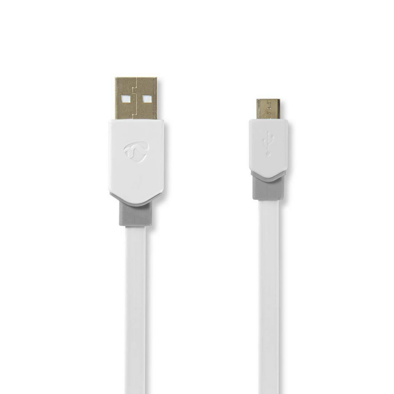 USB-Kabel USB 2.0 USB-A Male USB Micro-B Male 480 Mbps Verguld 1.00 m Plat PVC Wit Polybag