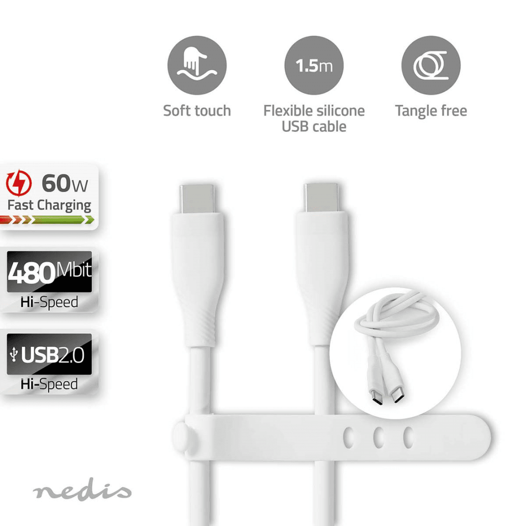 USB-Kabel USB 2.0 USB-C Male USB-C Male 60 W 480 Mbps Vernikkeld 1.50 m Rond Silicone Wit Doos