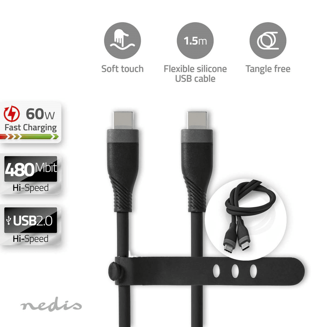 USB-Kabel USB 2.0 USB-C Male USB-C Male 60 W 480 Mbps Vernikkeld 1.50 m Rond Silicone Zwart Doos
