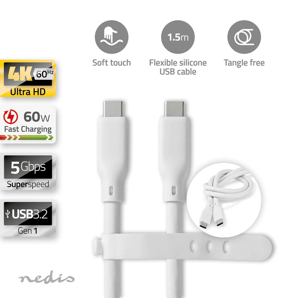 USB-Kabel USB 3.2 Gen 1 USB-C Male USB-C Male 60 W 4K@60Hz 5 Gbps Vernikkeld 1.50 m Rond Silicone Wit Doos