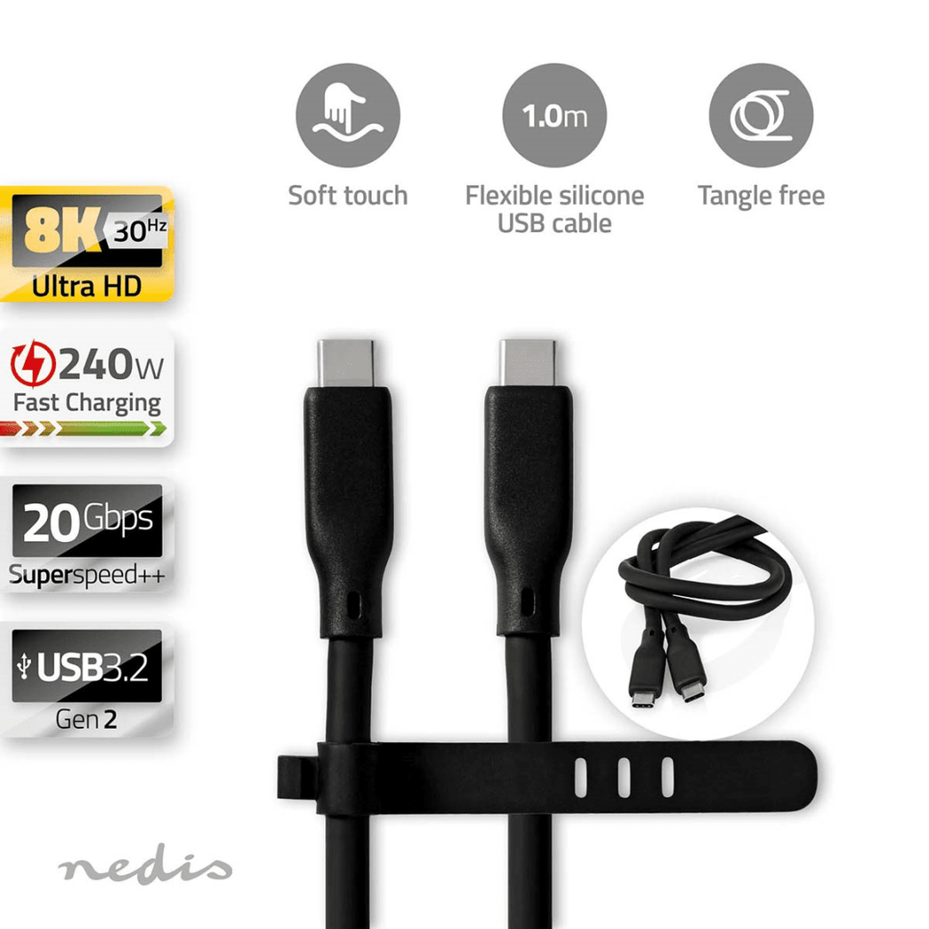USB-Kabel USB 3.2 Gen 2 USB-C Male USB-C Male 240 W 8K@30Hz 20 Gbps Vernikkeld 1.00 m Rond Silicone Zwart Doos
