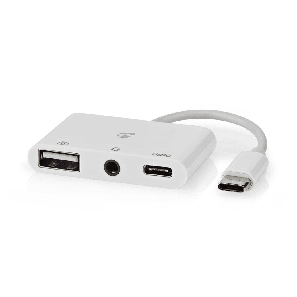 USB Multi-Port Adapter USB 2.0 USB-C Male USB-A Female / USB-C Female / 3,5 mm Female 480 Mbps 0.10 m Rond Vernikkeld PVC Wit Doos