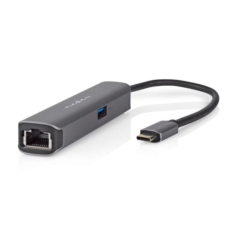 USB Multi-Port Adapter USB 3.2 Gen 1 USB-C Male HDMI Output / RJ45 Female / USB-A Female / USB-C Female 5 Gbps 0.20 m Rond Verguld PVC Antraciet Doos