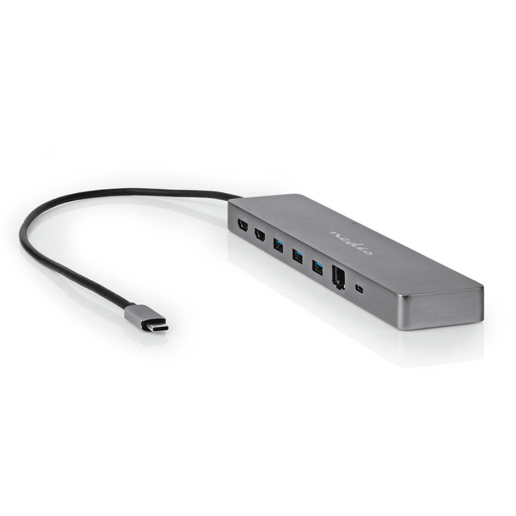 USB Multi-Port Adapter USB 3.2 Gen 1 USB-C Male Micro SD / RJ45 Female / SD / 2x HDMI / 2x USB-C / 3x USB-A Female 0.40 m Rond Verguld TPE Antraciet Doos